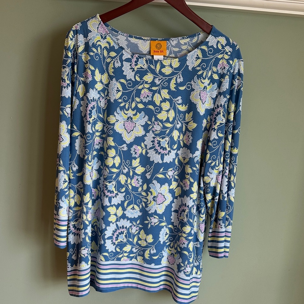 Ruby Rd Women’s Blue Floral Blouse with Pastel Accents Size XL